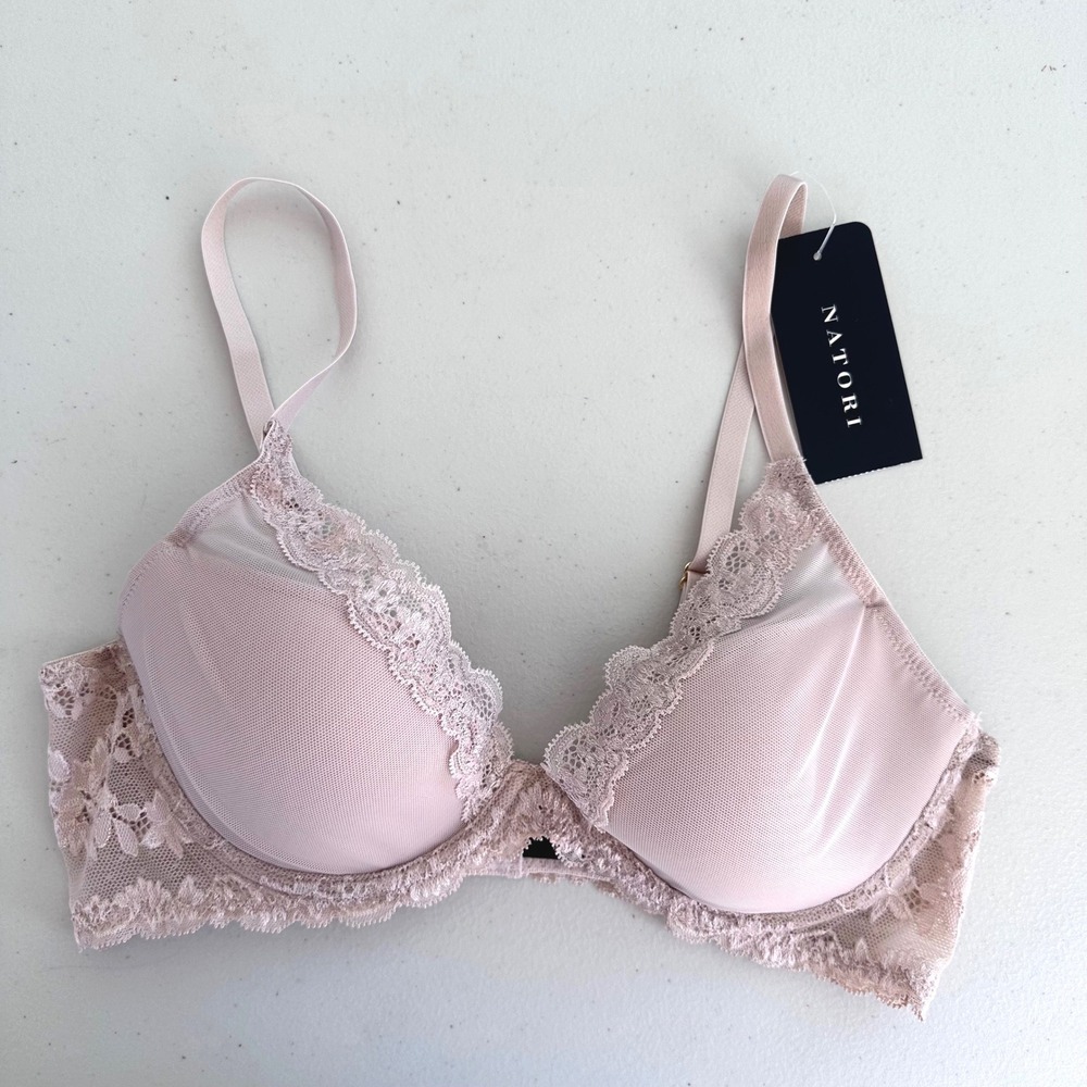 Natori Feathers Luxe Contour Plunge Bra 34B Light Mocha Lace Underwire 721255